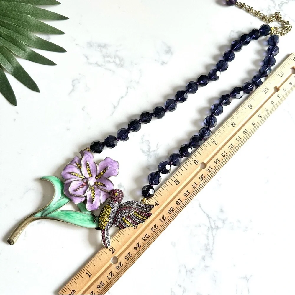Hummingbird Colorful Rhinestone Enamel Necklace Purple Bead Large Flower NEW